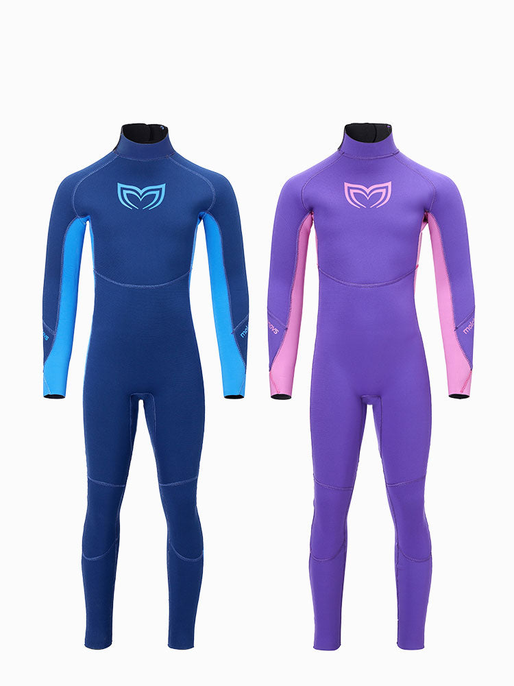 Two Molchanovs kids freediving wetsuits side by side - one in blue colour and the other in purple.