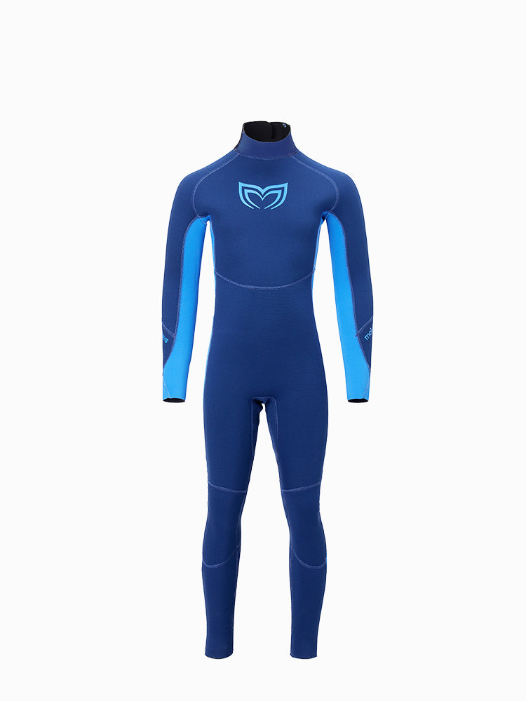 Front view of a one-piece, double lined childrens wetsuit in blue colour.