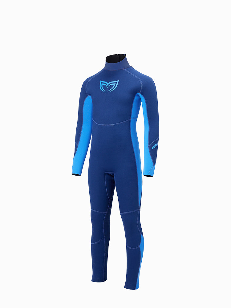 Angled view of a blue one piece wetsuit for boys. Double lined and durable kids free diving wetsuit.