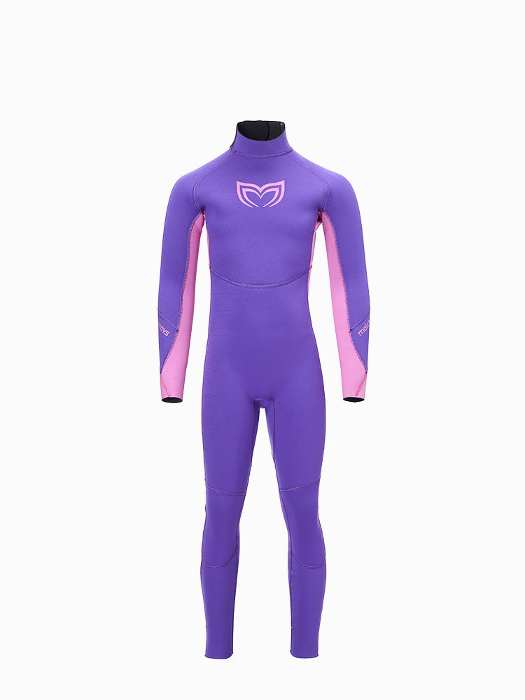 Front view of a one-piece, double lined childrens wetsuit in purple colour.