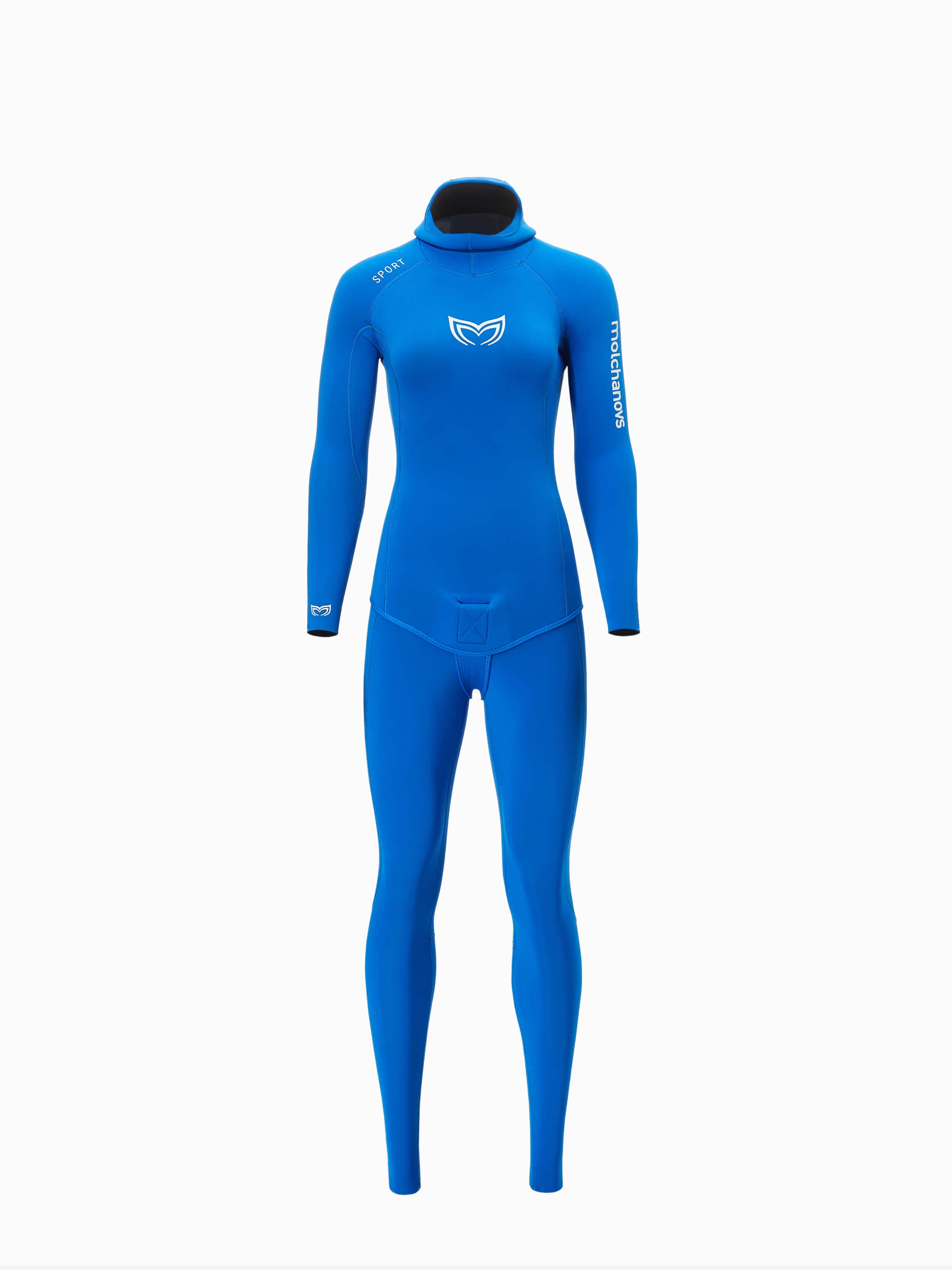 Front view of blue Molchanovs SPORT Open Cell, exterior lined women's wetsuit in 3mm and 5mm