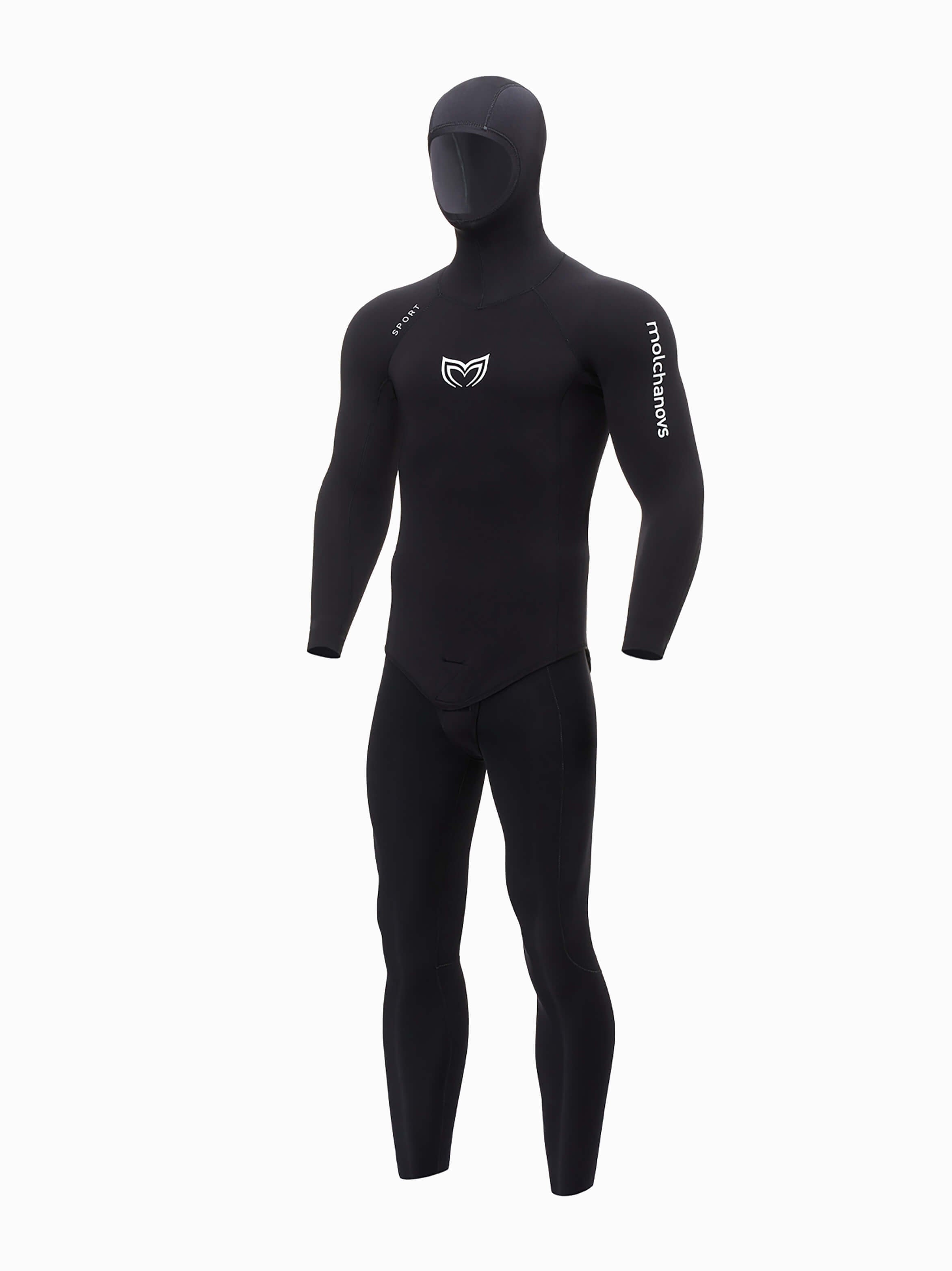 Front angle image of a 5mm double lined mens wetsuit in black.