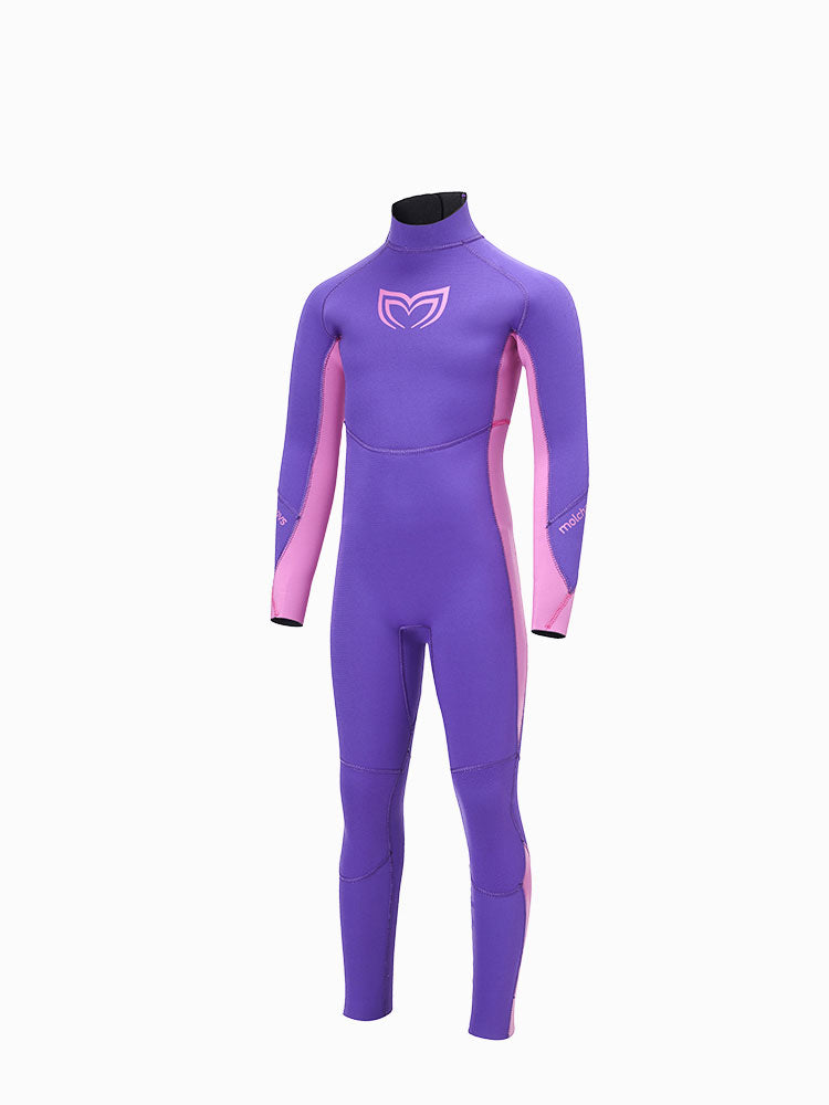 Angled view of a purple and pink one piece wetsuit for girls. Double lined and durable kids free diving wet suit.