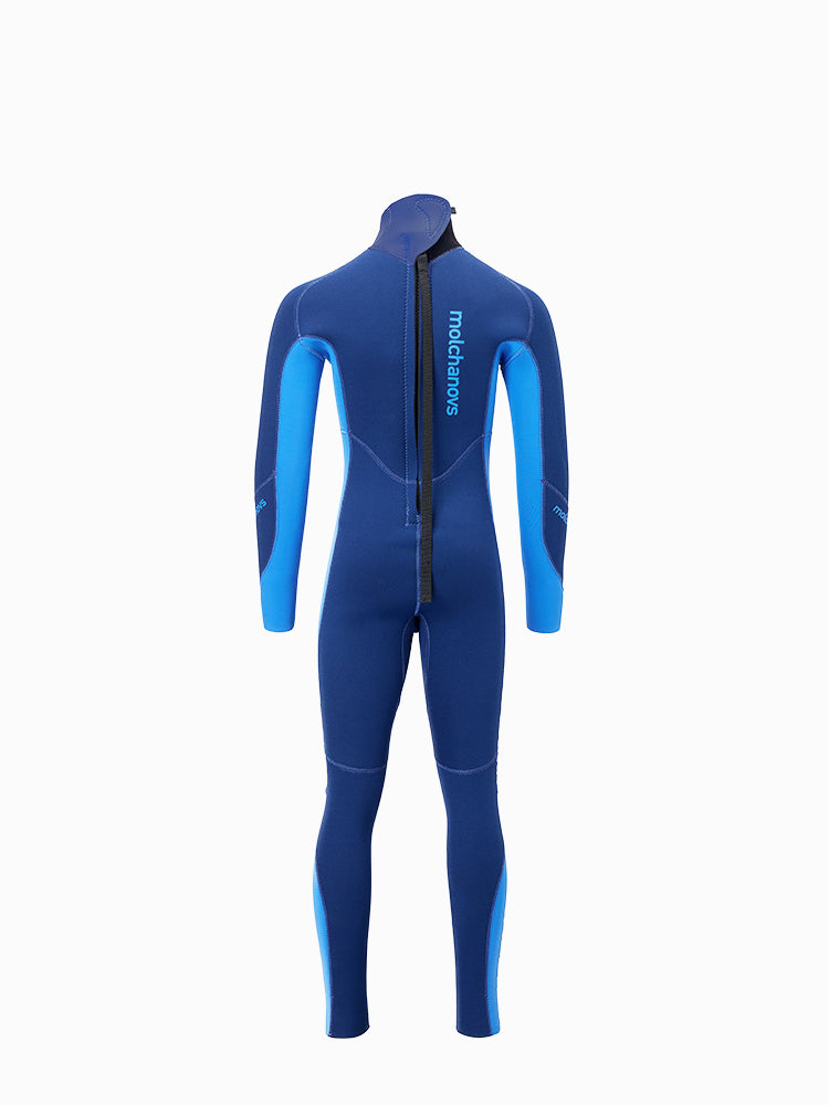 Back view of a blue childrens wetsuit in blue showing the zipper.