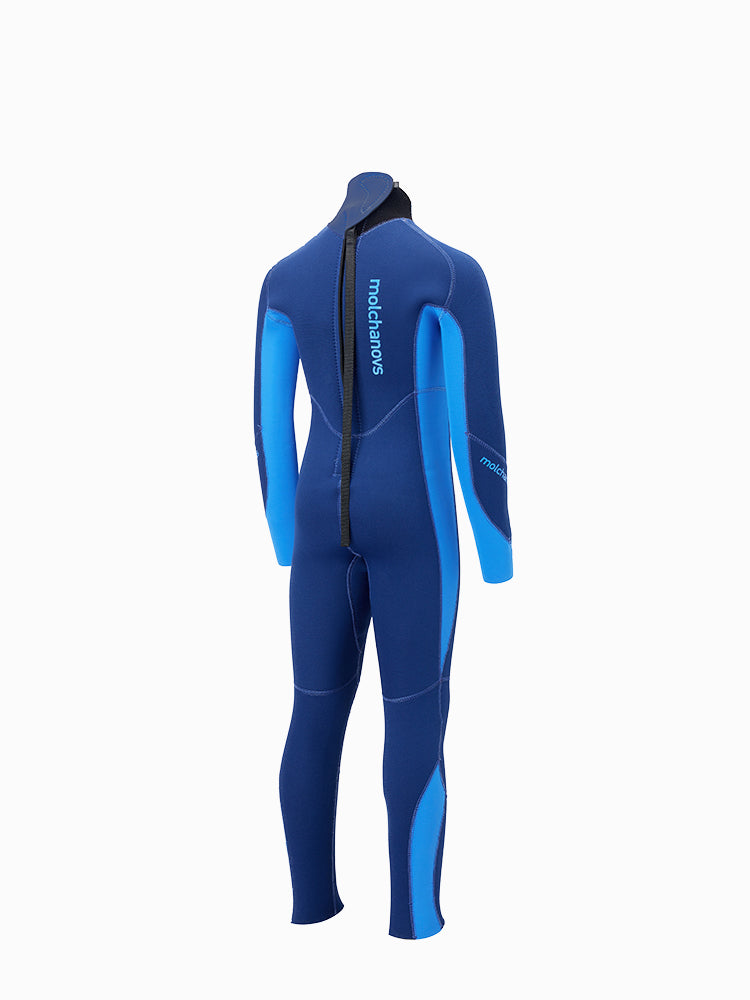 Angled view showing the back of the boys version of the Molchanovs one piece kids freediving wetsuit.