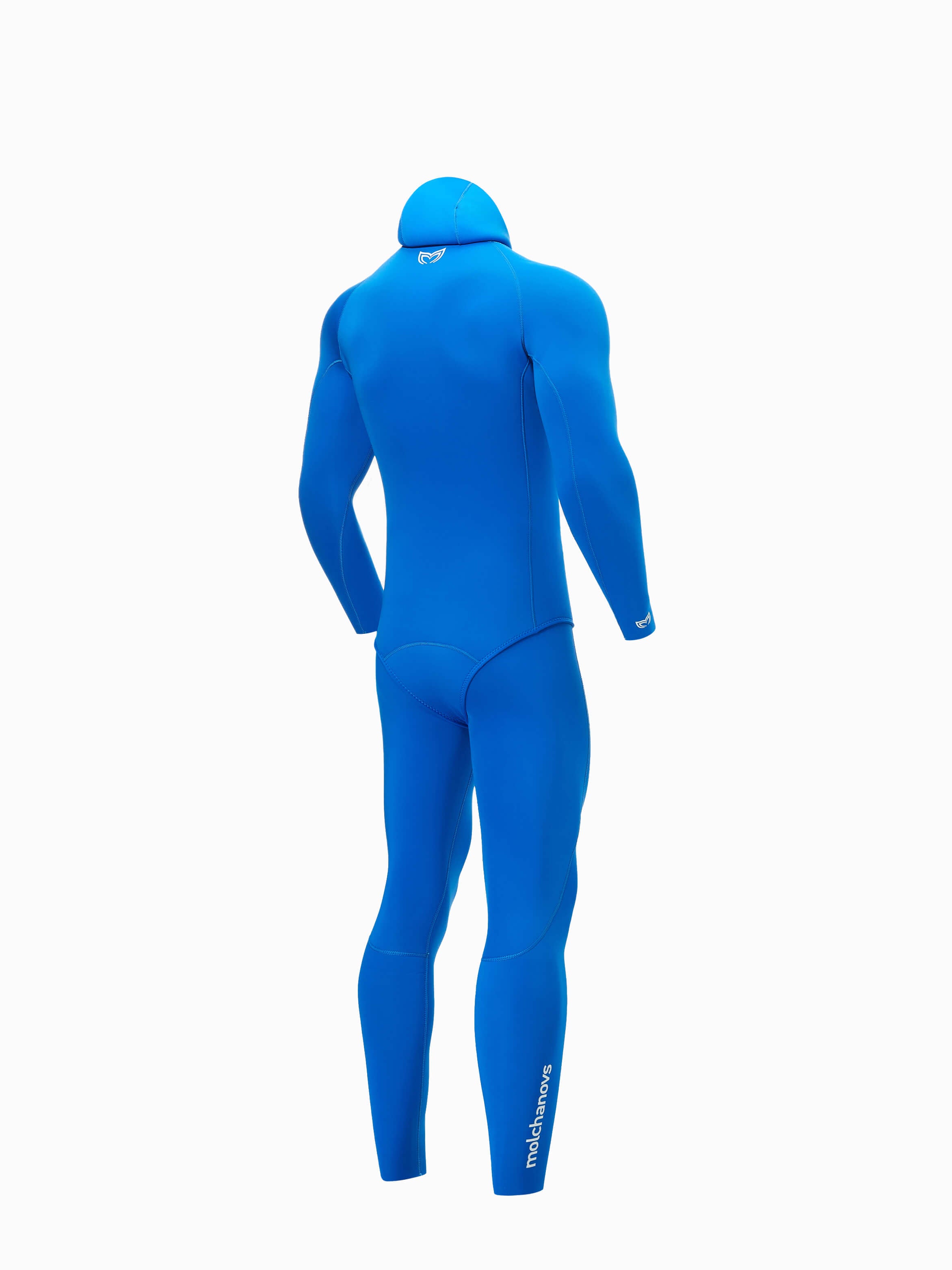 Back angle image of a 5mm double lined mens wetsuit in blue. Also available in 2.5mm thickness.