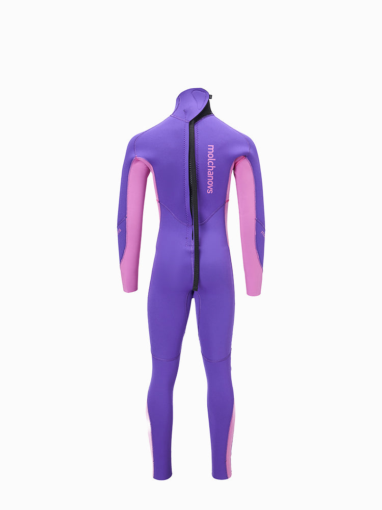 Back view of a blue childrens wetsuit in purple showing the zipper.
