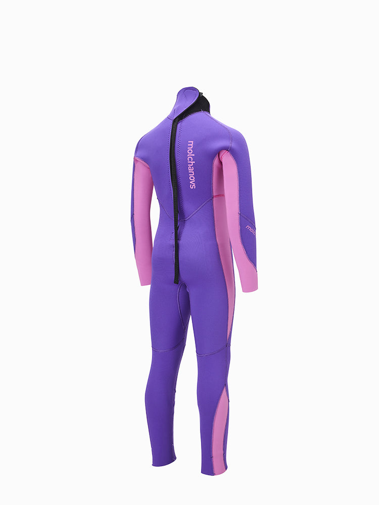 Angled view showing the back of the girls version of the Molchanovs one piece kids freediving wetsuit.