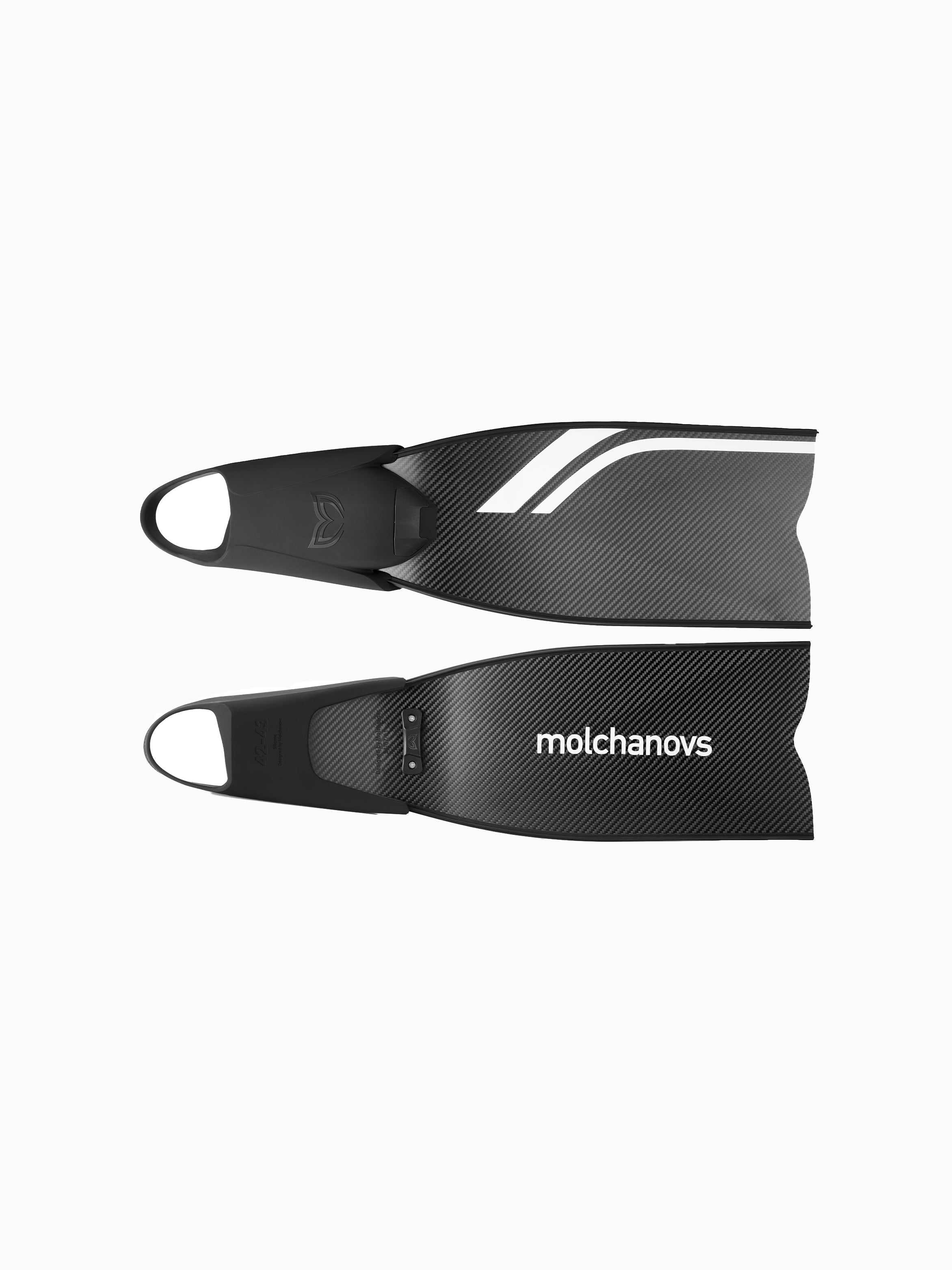 Molchanovs SPORT Short Bifins 3 Carbon pair from above, carbon blade with white stripe and Molchanovs branding printed on the blade surface