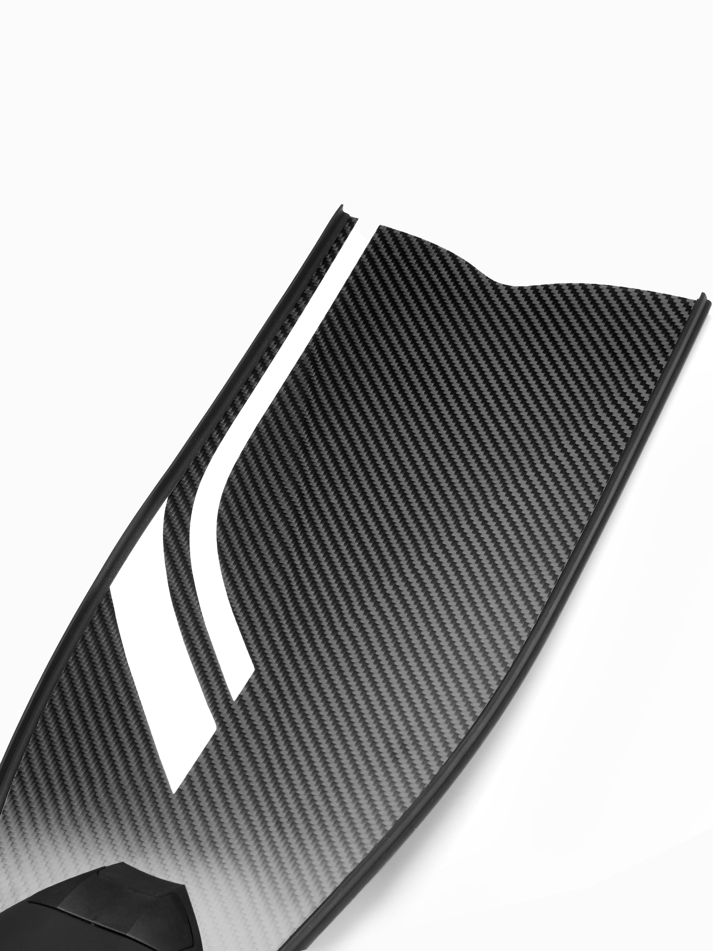 Close-up of the SPORT Short Bifins 3 Carbon blade, showing woven carbon fiber texture and white stripe graphic near the tip