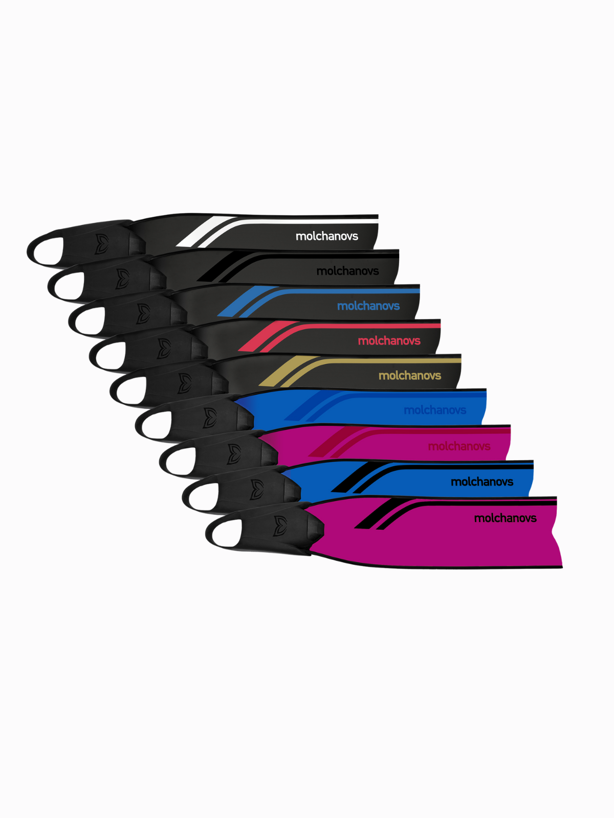 Molchanovs SPORT Bifins 3 Fiberglass colour range with black silicone foot pockets, all blade colour variants displayed