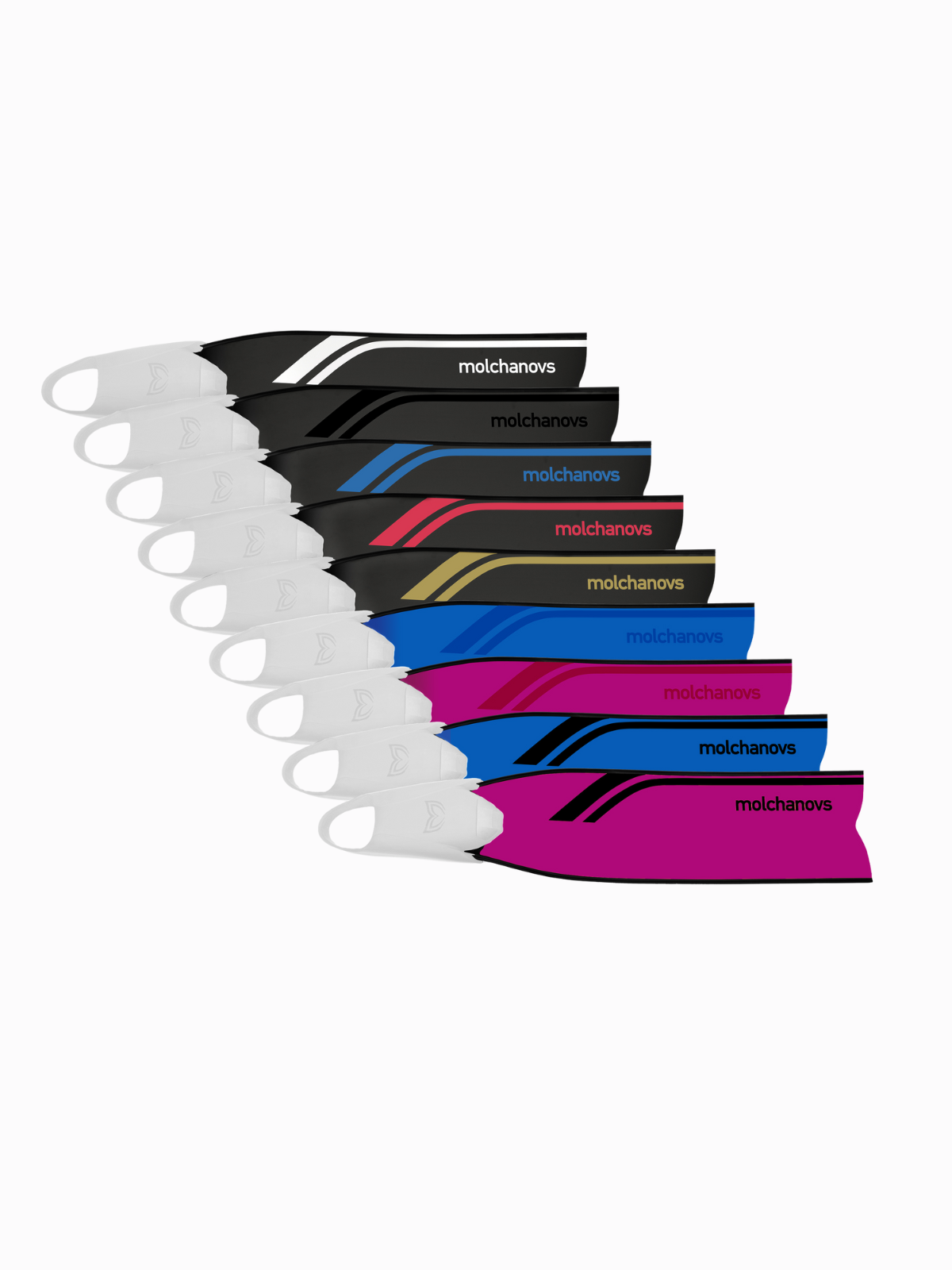 Molchanovs SPORT Bifins 3 Fiberglass with white silicone foot pockets, full colour blade range shown together