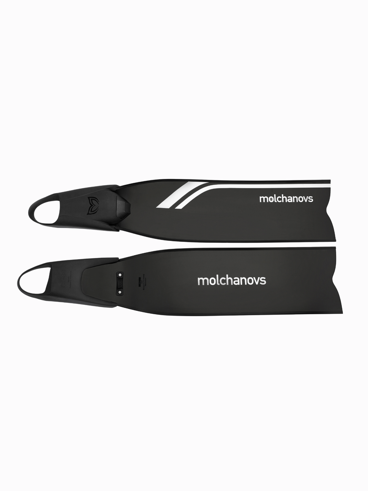 Molchanovs SPORT Bifins 3 Fiberglass in black, back view showing blade attachment hardware and foot pocket heel