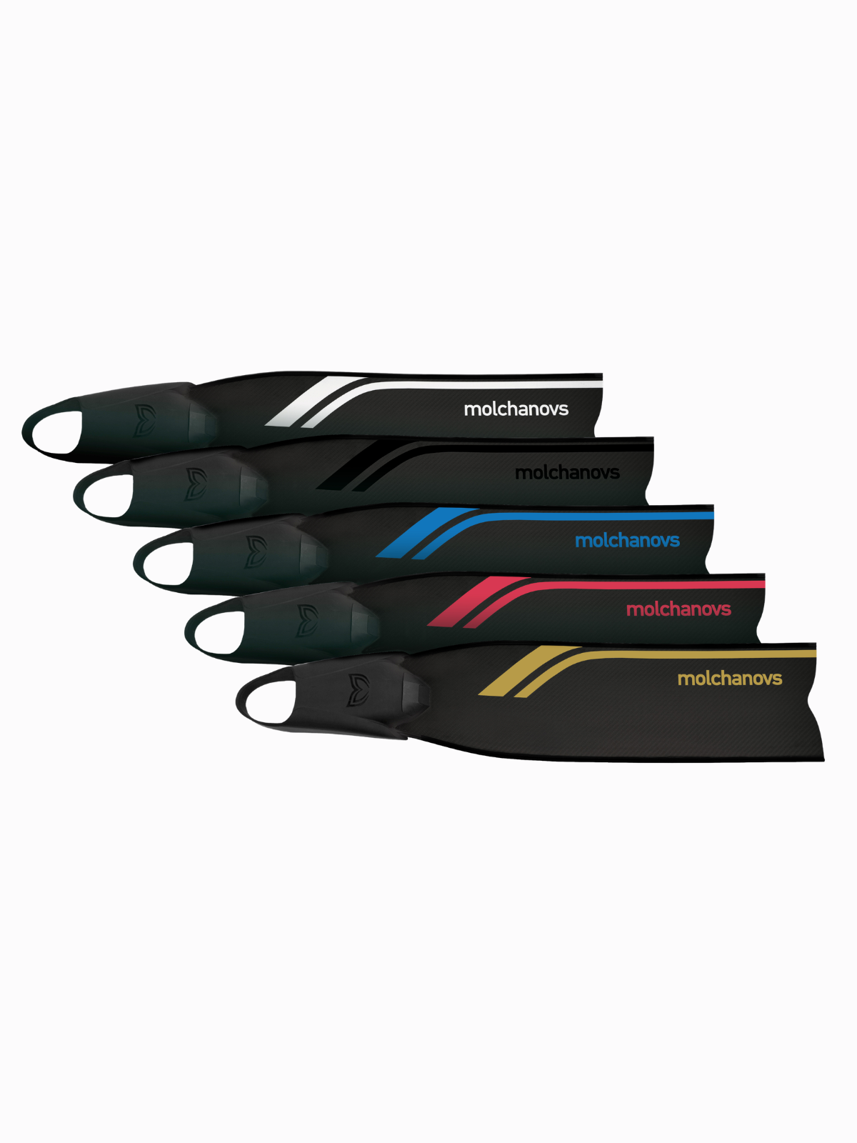 Molchanovs SPORT Bifins 3 Carbon freediving fins five-color lineup with black silicone foot pockets, side view