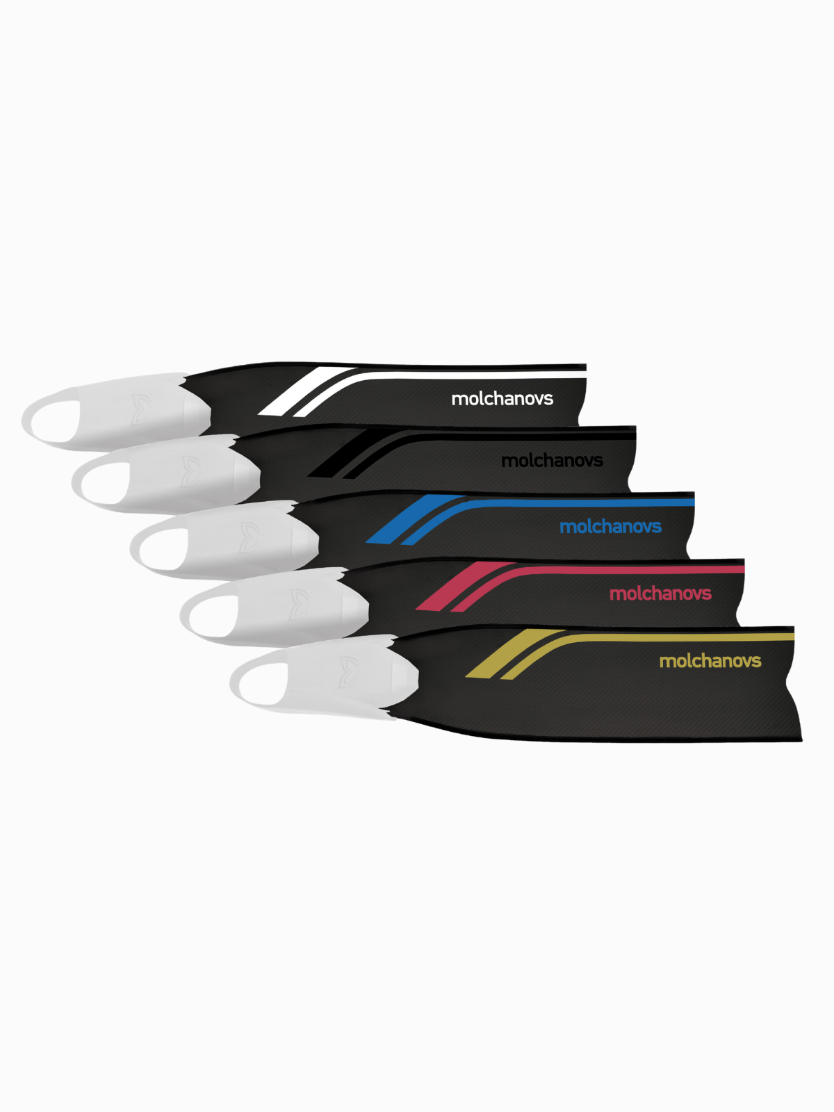 Molchanovs SPORT Bifins 3 Carbon fins five-color lineup highlighting the silicone foot pocket opening, side angle
