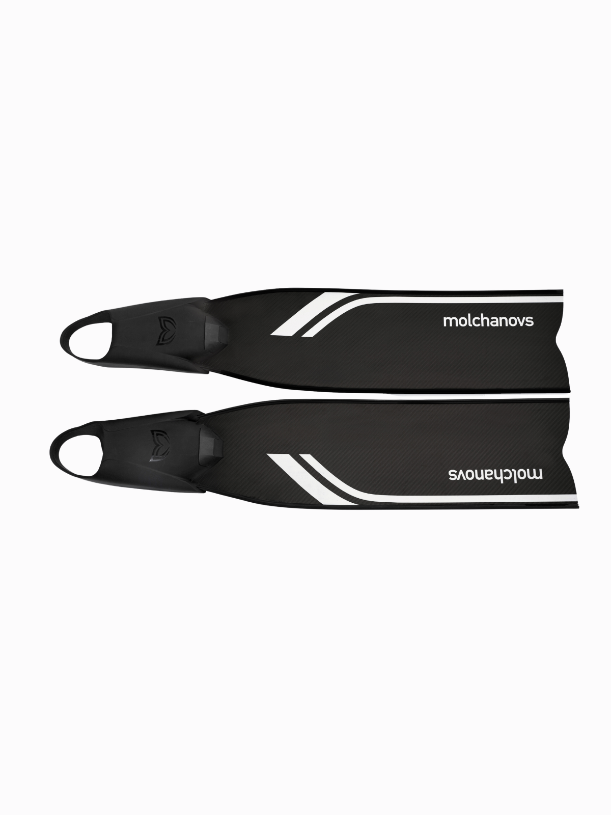 Pair of Molchanovs SPORT Bifins 3 Carbon freediving fins laid flat, white stripe, black carbon blades, top view