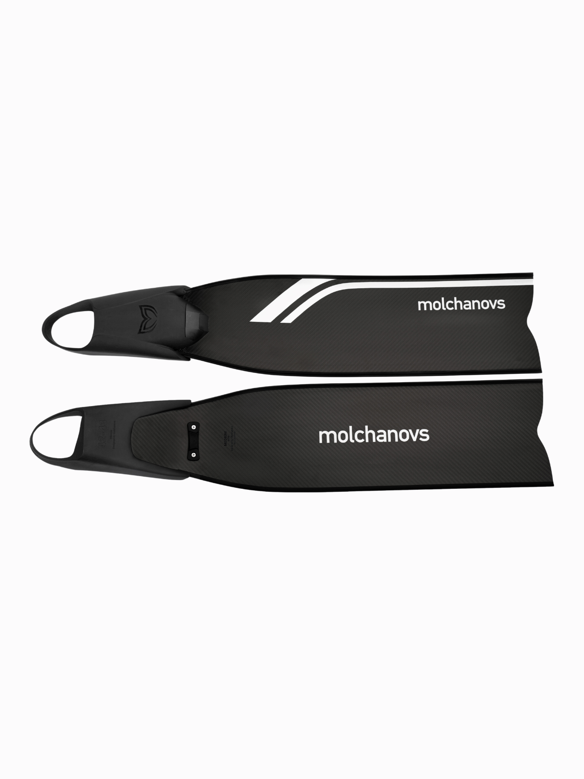 Pair of Molchanovs SPORT Bifins 3 Carbon fins top view, black carbon blades with white stripe, showing blade connector hardware