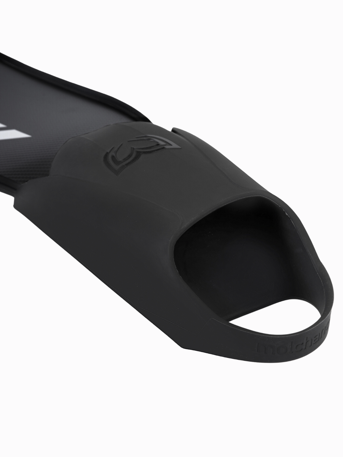 Close-up of Molchanovs SPORT silicone foot pocket toe opening on a carbon fiber bifin blade