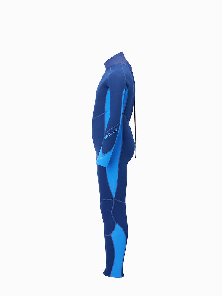 Side angle image showing the 2.5mm childrens wetsuit in blue from the side. 