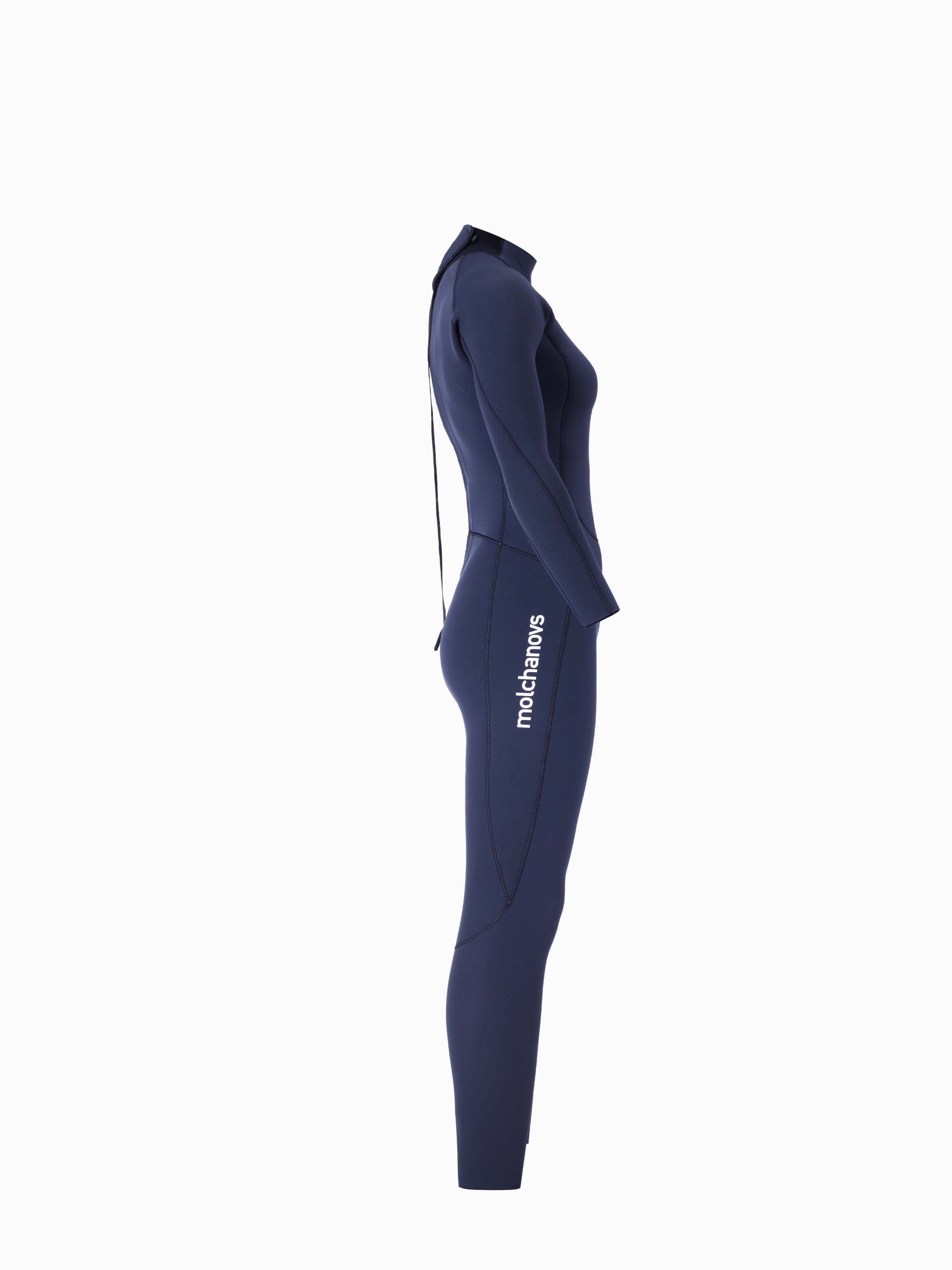 A right side view showing the back of the Molchanovs ladies one piece freediving wetsuit