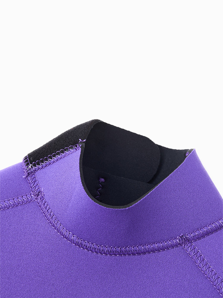 Close up of the front of the neck seal on a purple Molchanovs childrens wetsuit. 