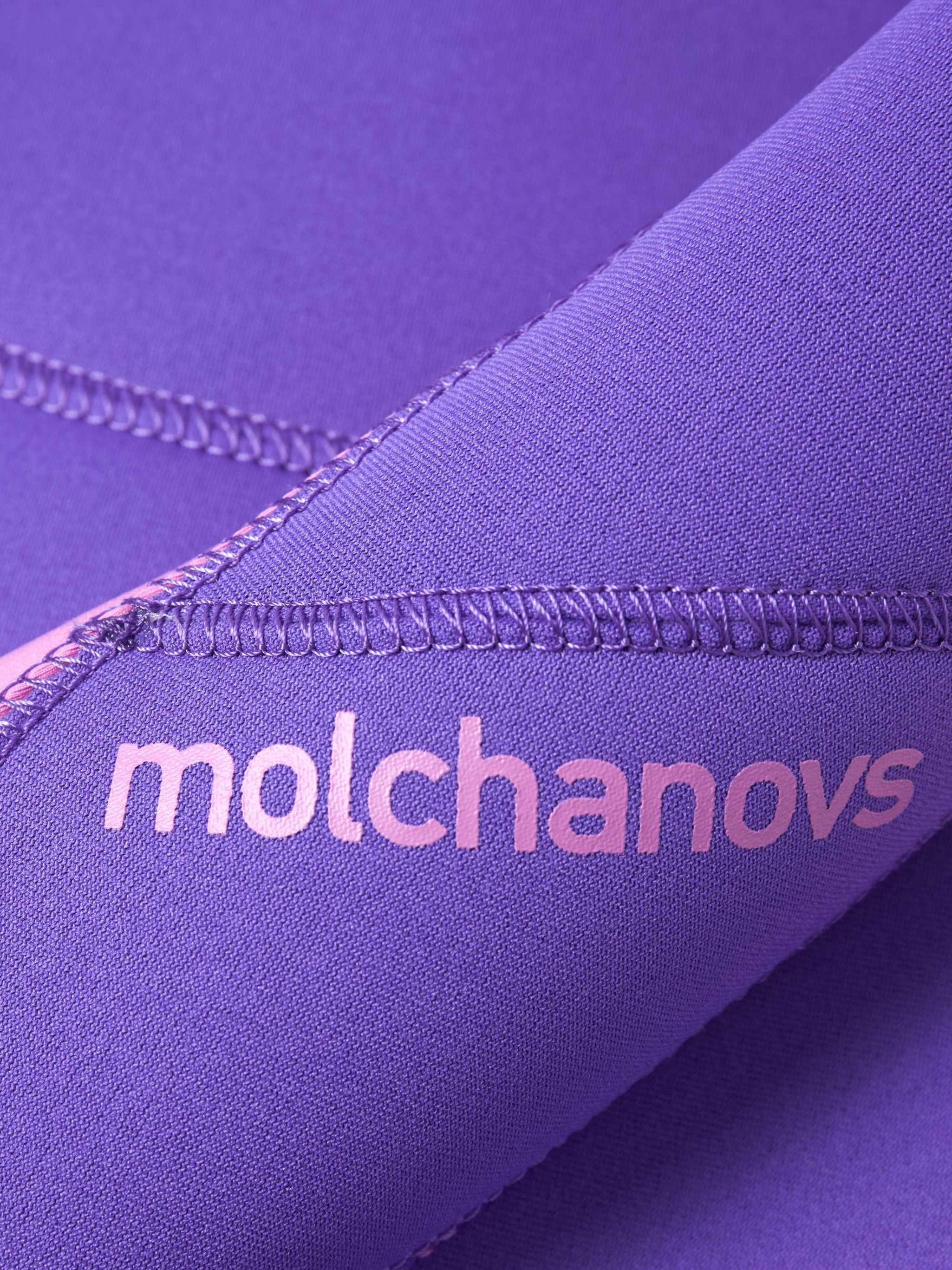 Close up of the front of the Molchanovs logo screenprinted on a childrens wetsuit. 