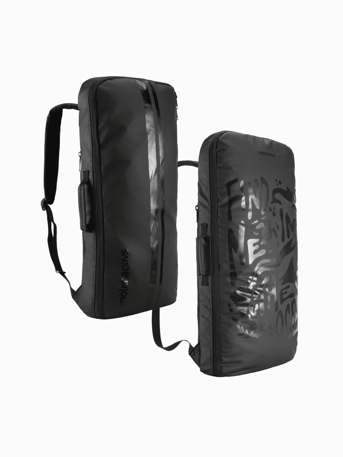 Molchanovs short bifins backpack in black, front and back views showing graphic print panel