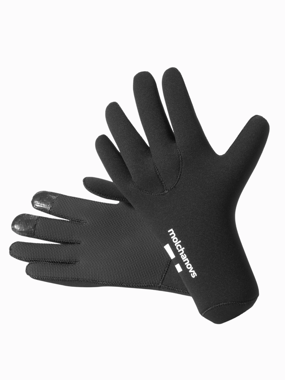 Molchanovs neoprene freediving gloves in black with grip palm and white logo, pair view