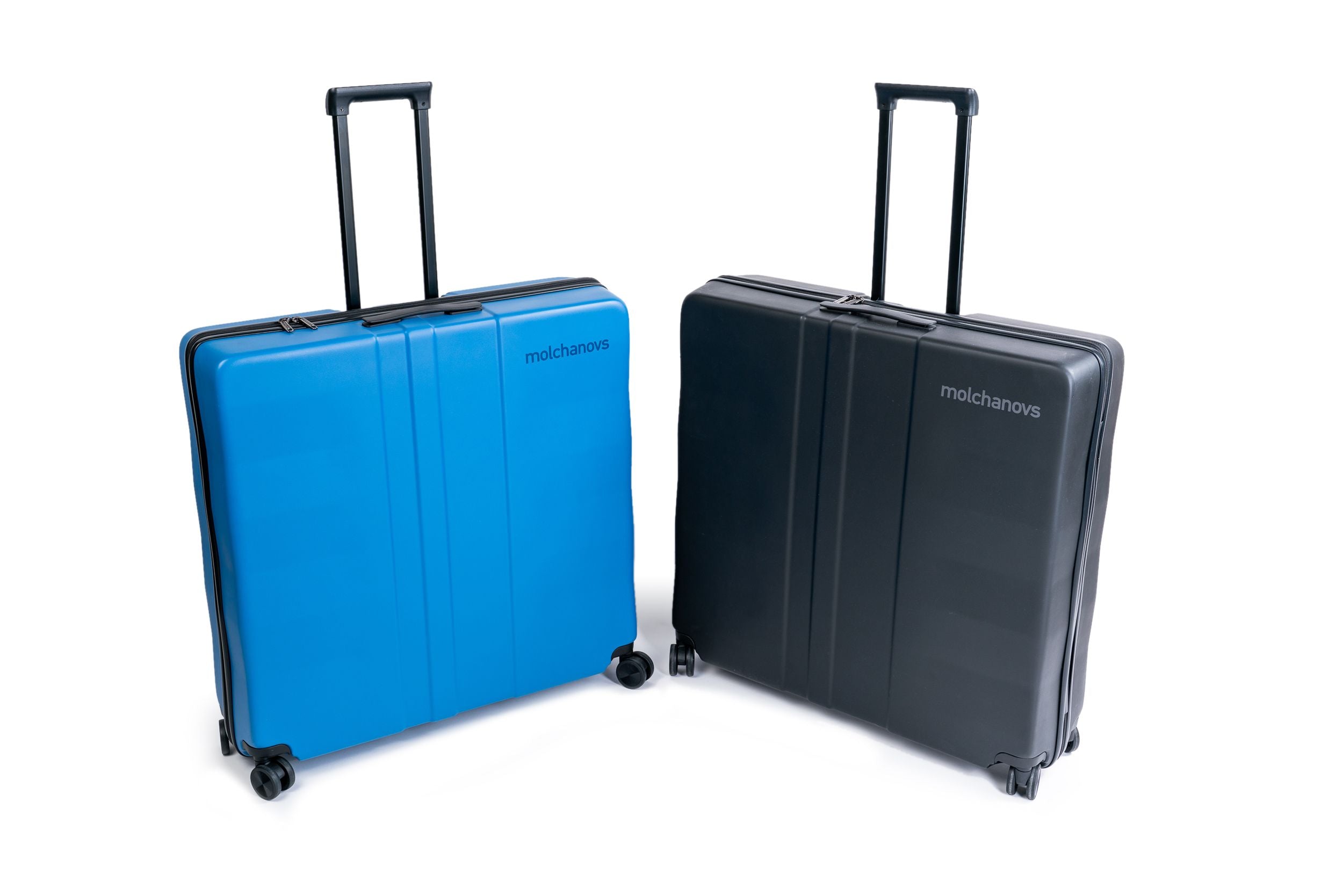 Studio shot of two Hard Cases, the blue on the left and black on the right